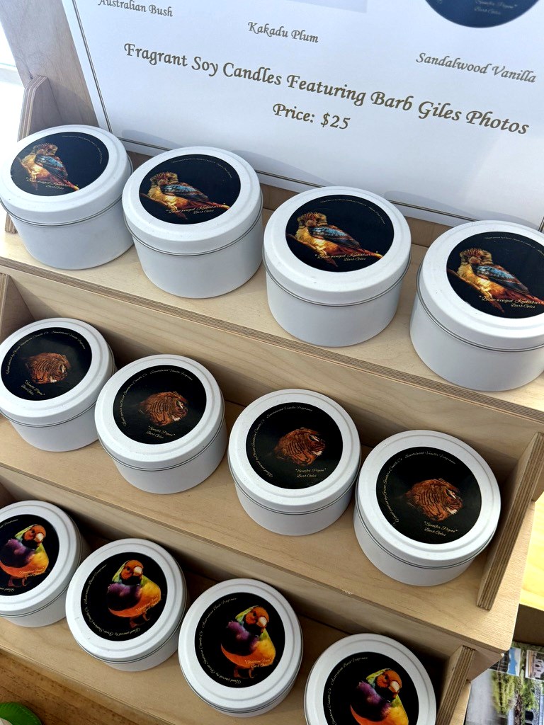 Fragrant soy candle tins featuring Barb Giles bird photography
