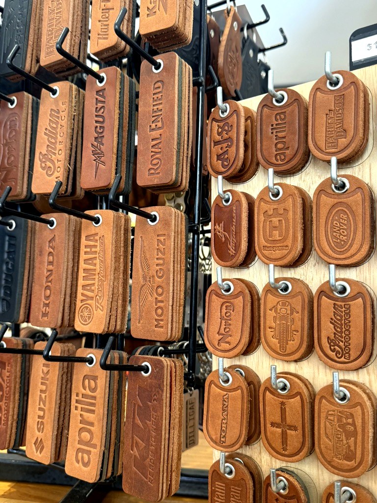 Hand-stamped leather motorcycle brand keyrings