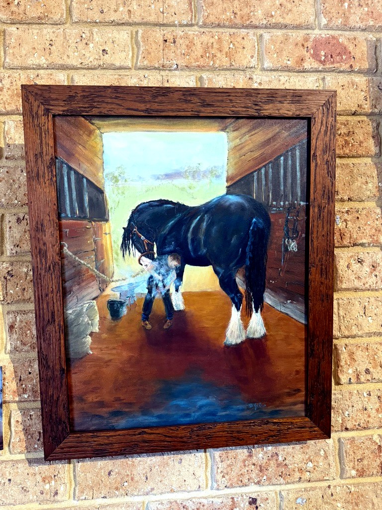 Original oil painting of a farrier shoeing a Clydesdale, by Barb Giles